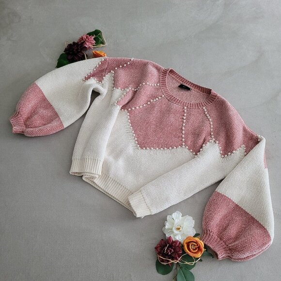 Vici Sweaters - VICI Pink and Cream Vivianna Embelished Oversized Sweater with Pearls